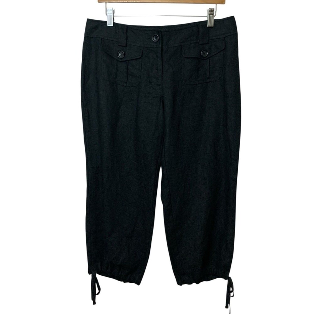 Michael Kors Women's Black Linen Cargo Capri Pants Size 8 Drawstring Hem Beach